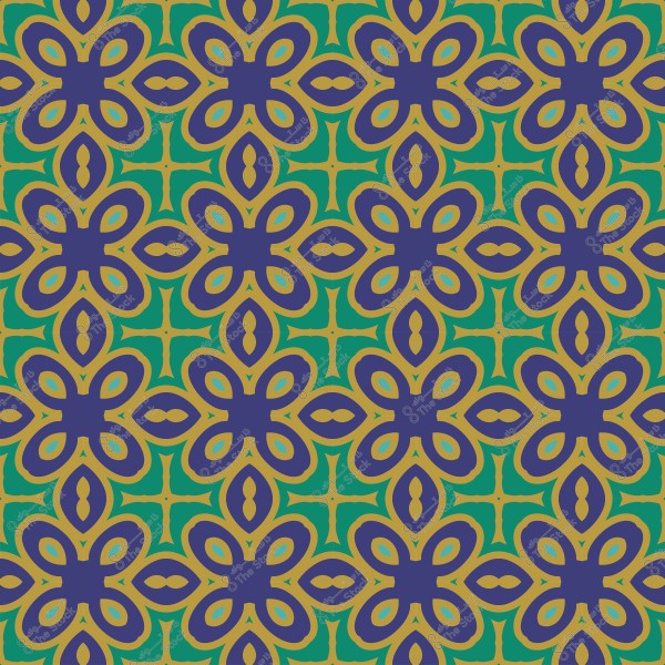 تصميم هندسي متكرر بألوان متعددة تضم أشكال زهرية وألوان أرجوانية وخضراء وزرقاء.