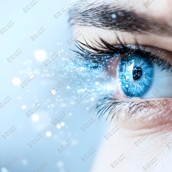 A close-up image of an open blue eye, showing clear details of the eyelashes and the intricate patterns of the iris. There are interwoven visual effects of light and sparkle emanating from the eye outward on a light blue background, giving a magical and digital touch to the image.