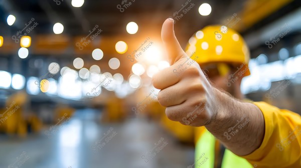 The image shows a construction worker at a work site wearing a yellow safety helmet and an orange vest, giving a thumbs-up. The background has bright, blurry light spots, adding vibrance to the scene.