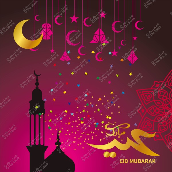 تصميم ملون لاحتفالات عيد الفطر مع النجوم والهلال وفوانيس رمضان ومئذنة مسجد.