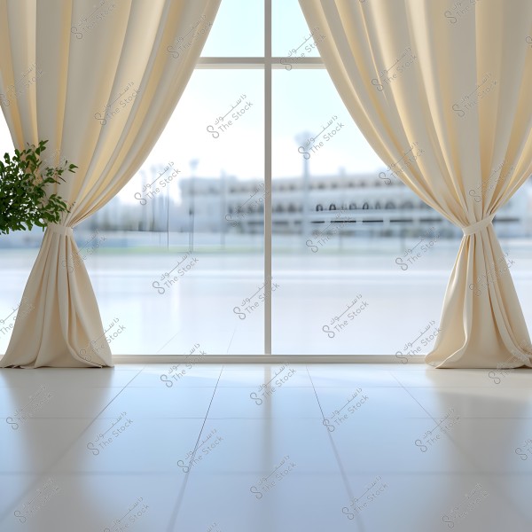 A large window overlooking a blurred outdoor view with a building. Beige curtains are tied back on both sides, slightly draping, with a green plant in the left corner. The floor is covered with shiny white tiles.