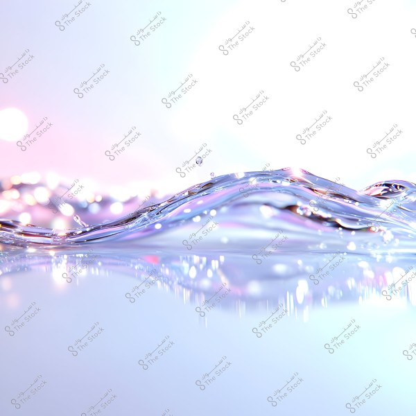 The image shows a wave of blue shimmering water with beautiful light reflections on its surface. The background has a light pink hue, adding a touch of vibrancy and calmness.