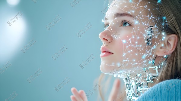 Image of a girl\'s face with a futuristic design where her face is covered with a network of glowing blue lights and metallic wires. The illuminated lights and metallic structure on the face and neck create a futuristic and contemporary look. The background is a calming blue, and the girl is wearing a blue sweater.