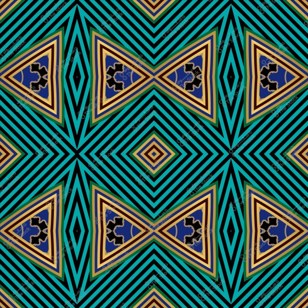 Geometric pattern in blue, green, and gold with a repeating design of squares and triangles.