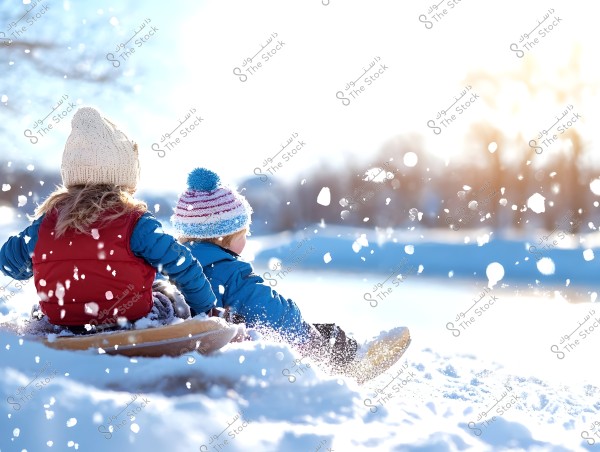 Two children wearing winter jackets and colorful wool hats are sitting on a wooden sled sliding through deep snow. The older child is wearing a red jacket and a white hat, while the younger child is wearing a blue jacket and a hat with colorful stripes. The bright sky and sunlight reflect on the snow, creating a cheerful and bright atmosphere. The white specks represent ice flying around as they sled.