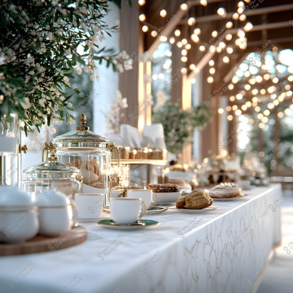 The image depicts a long dining table elegantly decorated in a well-lit banquet hall. The table features an assortment of dishes and pastries, with a large jar and glass cover containing baked goods. There are white tea cups with gold rims on the table. Warm lighting in the background adds a pleasant ambiance, with green plants and white flowers present beside the table.