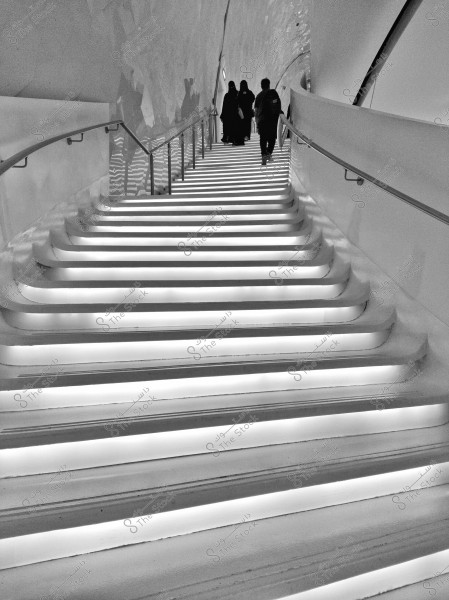 A black and white image of an illuminated indoor staircase with hidden lights, where three women in black abayas and another person in unspecified clothing walk upward. The surrounding walls are smooth and modern with a curved design.