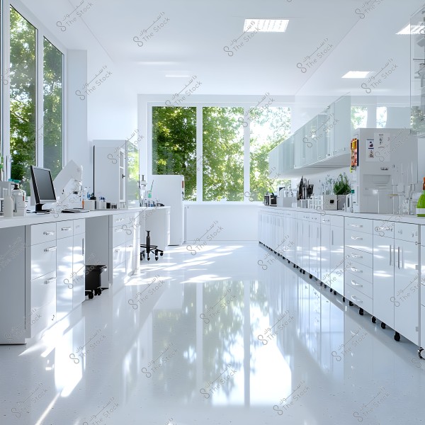 The image shows a modern laboratory illuminated by large windows filling the walls. The room features clean white work surfaces filled with various lab tools and equipment. The shiny floor reflects the natural light from outside, giving the space a sense of cleanliness and clarity.