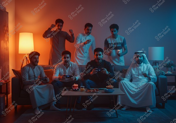 The image depicts a group of six men sitting in a living room, seemingly watching or playing video games on a television. Some are wearing traditional clothing, while others are in modern casual attire. The room is warmly lit, with glowing lamps and a coffee table in front filled with snacks and drinks. The men appear to be reacting with excitement to the action on the screen.