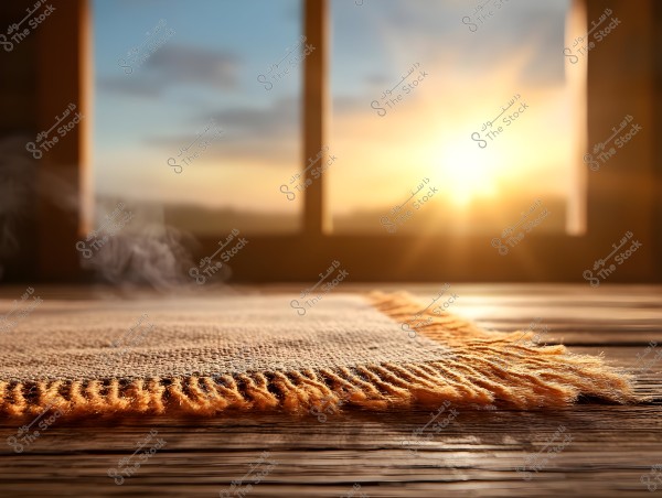 Image of a prayer rug placed on a wooden floor, with bright sunlight streaming through a large window in the background. The rug is made of a coarse fabric with fringed edges, and some smoke or steam rising from the floor, adding a sense of warmth and tranquility.
