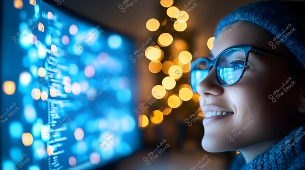 A woman smiling as she looks at a brightly lit screen displaying code. She is wearing glasses and a blue knit hat, with blurred circular lights in blue and orange in the background.