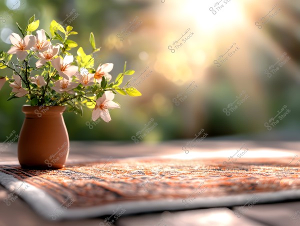 A clay vase holding a bouquet of white flowers with green leaves, with soft sunlight shining in the background. The vase is placed on a wooden surface covered with a warm-colored patterned rug. The image evokes a bright, summery outdoor atmosphere.