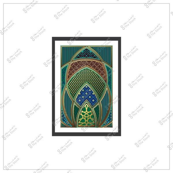 لوحة فنية بزخارف هندسية إسلامية بألوان زرقاء وخضراء وذهبية, موضوعة داخل إطار.