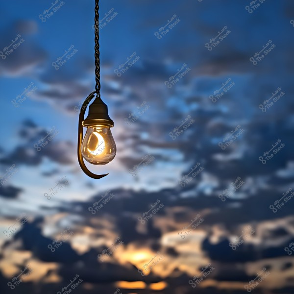 A lit bulb hanging against a background of a cloudy sky at sunset. The bulb has a traditional shape and is suspended from a metal chain.