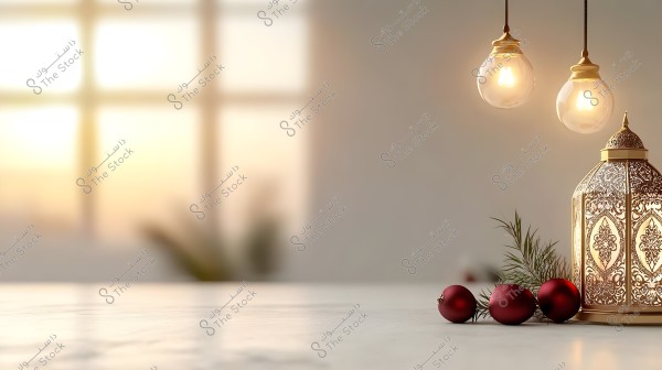 Image shows an ornate lantern with intricate Eastern designs, emitting a warm glow. Next to the lantern are several small red balls and decorations made of pine leaves. In the background, a window with soft sunlight filters into the room.