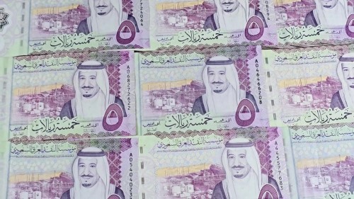 The video shows footage of five Saudi riyal banknotes, featuring portraits and various designs of Saudi financial details.